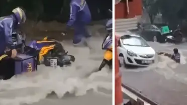 İstanbul Çekmeköy'de Şiddetli Sağanak: Motokuryeler Sel Sularına Kapıldı
