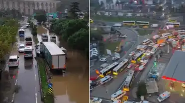 İstanbul'da Şiddetli Sağanak Sular Bastı: Cendere Yolu Ulaşıma Kapandı, Trafik Kilitlendi