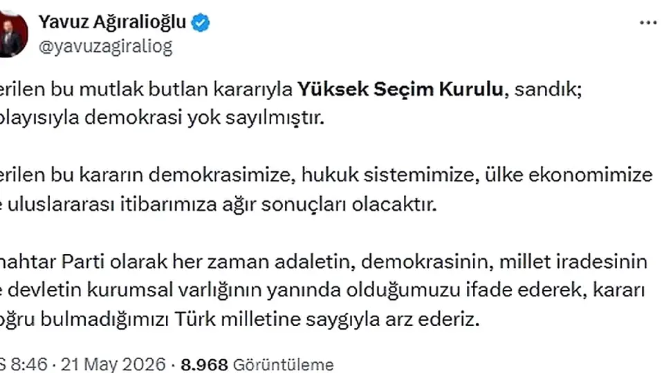 Ağıralioğlu: YSK'nın Kararı Demokrasiyi Yok Saymıştır