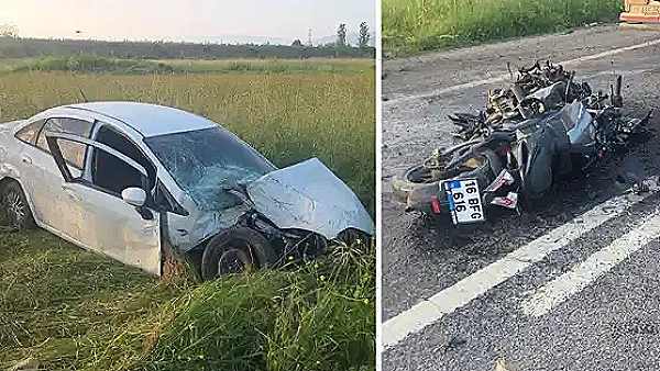 Bursa'da Trafik Kazası: Otomobil Tarlaya Uçtu, Elektrik Direğine Çarpan Motosiklet Sürücüsü Ağır Yaralandı
